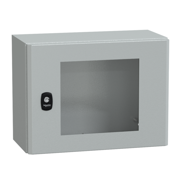 "Wall mounted steel enclosure, PanelSeT S3D, transparent door, without mounting plate, 300x400x200mm, IP66, IK08" - Schneider Electric - NSYS3D3420T