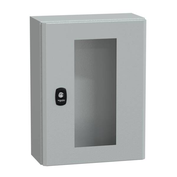 "Wall mounted steel enclosure, PanelSeT S3D, transparent door, without mounting plate, 400x300x150mm, IP66, IK08" - Schneider Electric - NSYS3D4315T