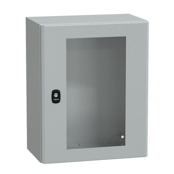 "Wall mounted steel enclosure, PanelSeT S3D, transparent door, without mounting plate, 500x400x250mm, IP66, IK08" - Schneider Electric - NSYS3D5425T