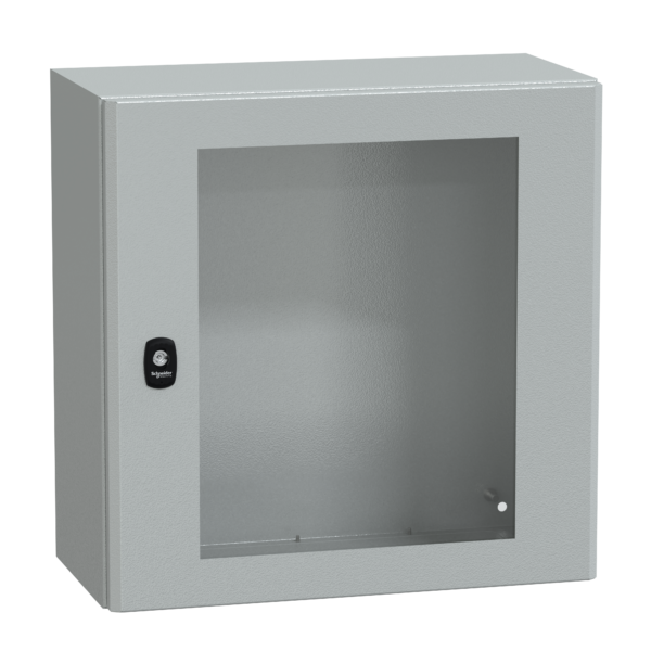 "Wall mounted steel enclosure, PanelSeT S3D, transparent door, without mounting plate, 500x500x250mm, IP66, IK08" - Schneider Electric - NSYS3D5525T
