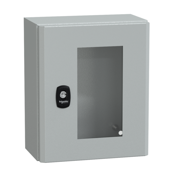 "Wall mounted steel enclosure, PanelSeT S3D, transparent door, without mounting plate, 300x250x150mm, IP66, IK08" - Schneider Electric - NSYS3D32515T