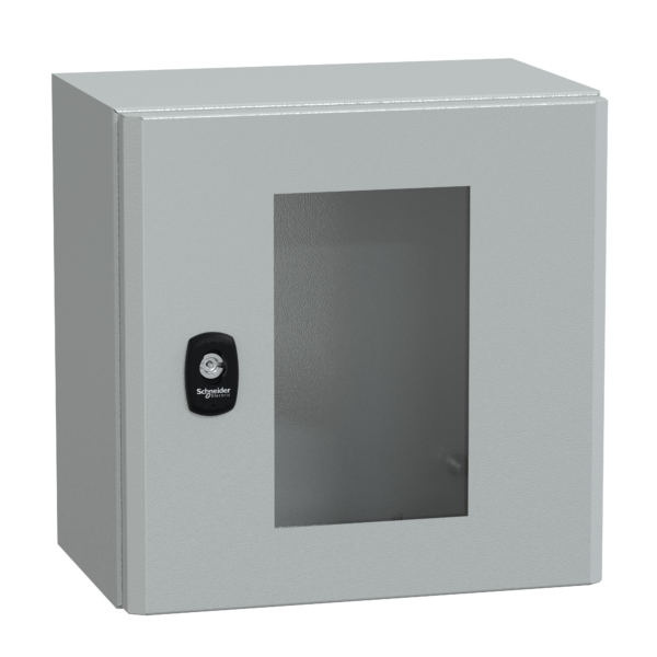 "Wall mounted steel enclosure, PanelSeT S3D, transparent door, without mounting plate, 300x300x200mm, IP66, IK08" - Schneider Electric - NSYS3D3320T
