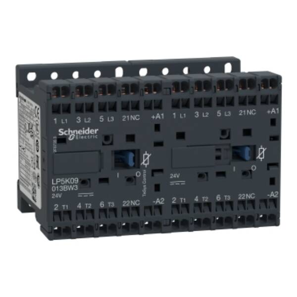 TeSys K reversing contactor - 3P - AC-3 <= 440 V 9 A - 1 NC - 24 V DC coil - Schneider Electric - LP5K09013BW3