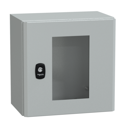 "Wall mounted steel enclosure, PanelSeT S3D, transparent door, without mounting plate, 300x300x200mm, IP66, IK08" - Schneider Electric - NSYS3D3320T