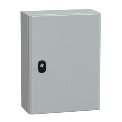 "Wall mounted steel enclosure, PanelSeT S3D, plain door, without mounting plate, 400x300x150mm, IP66, IK10" - Schneider Electric - NSYS3D4315