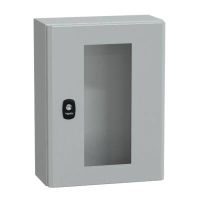 "Wall mounted steel enclosure, PanelSeT S3D, transparent door, without mounting plate, 400x300x150mm, IP66, IK08" - Schneider Electric - NSYS3D4315T